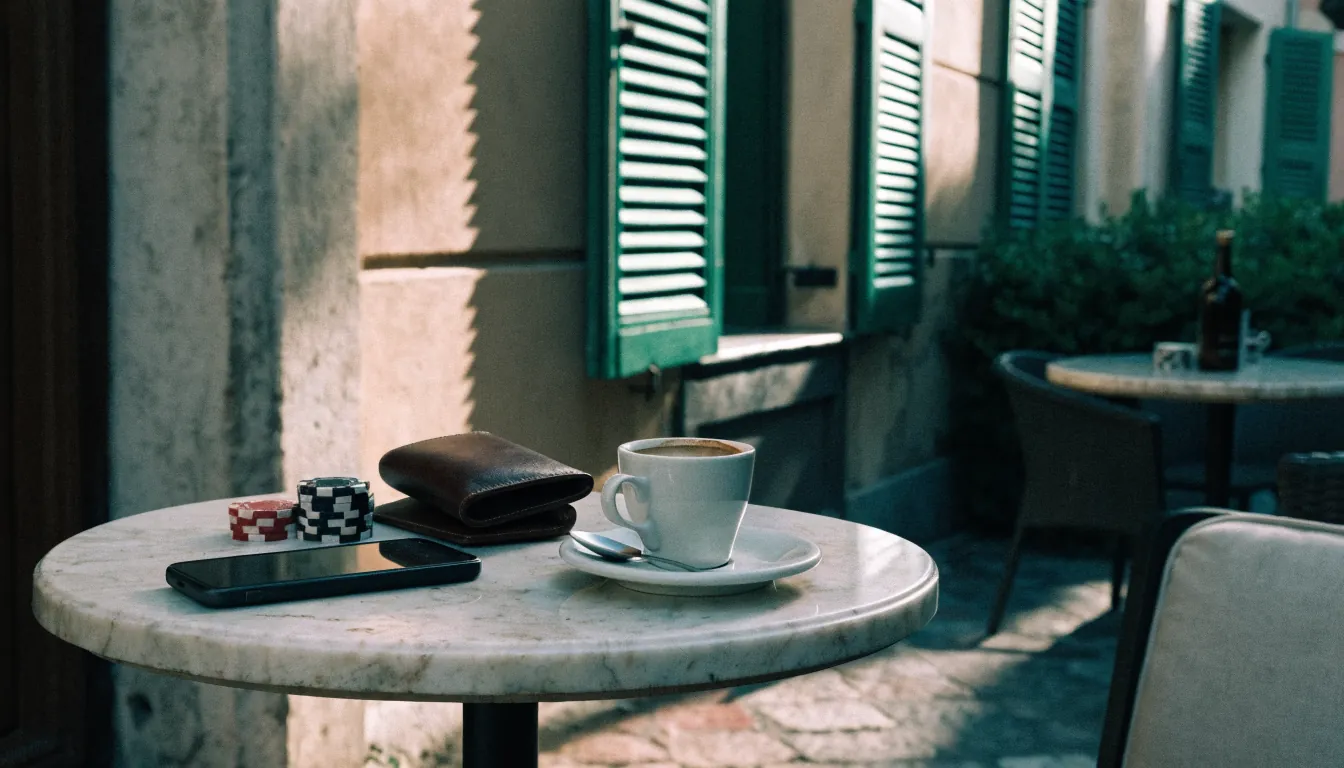 Tavolino italiano con caffè, smartphone e fiches da casinò