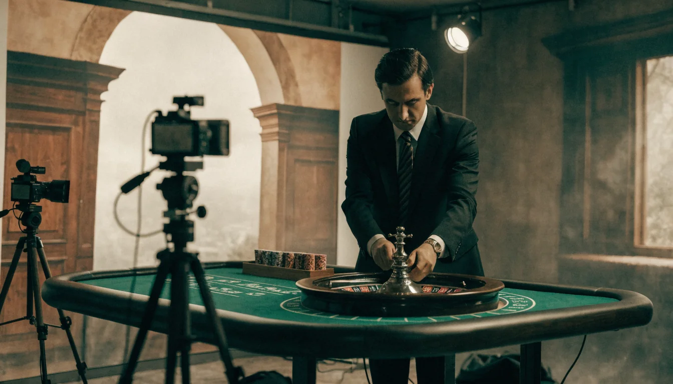 Croupier professionista in uno studio italiano dal vivo con roulette e tavolo verde