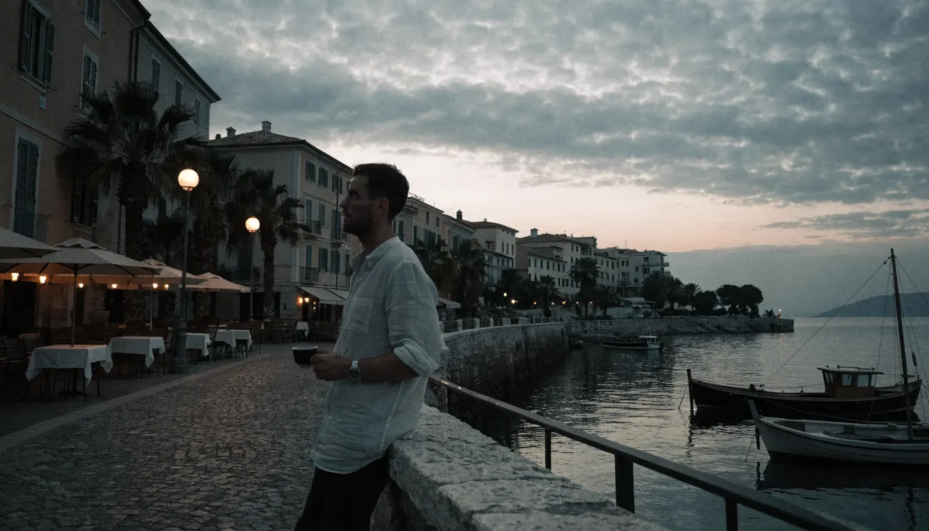 Tramonto in una località costiera italiana con caffè illuminati e un uomo al porto
