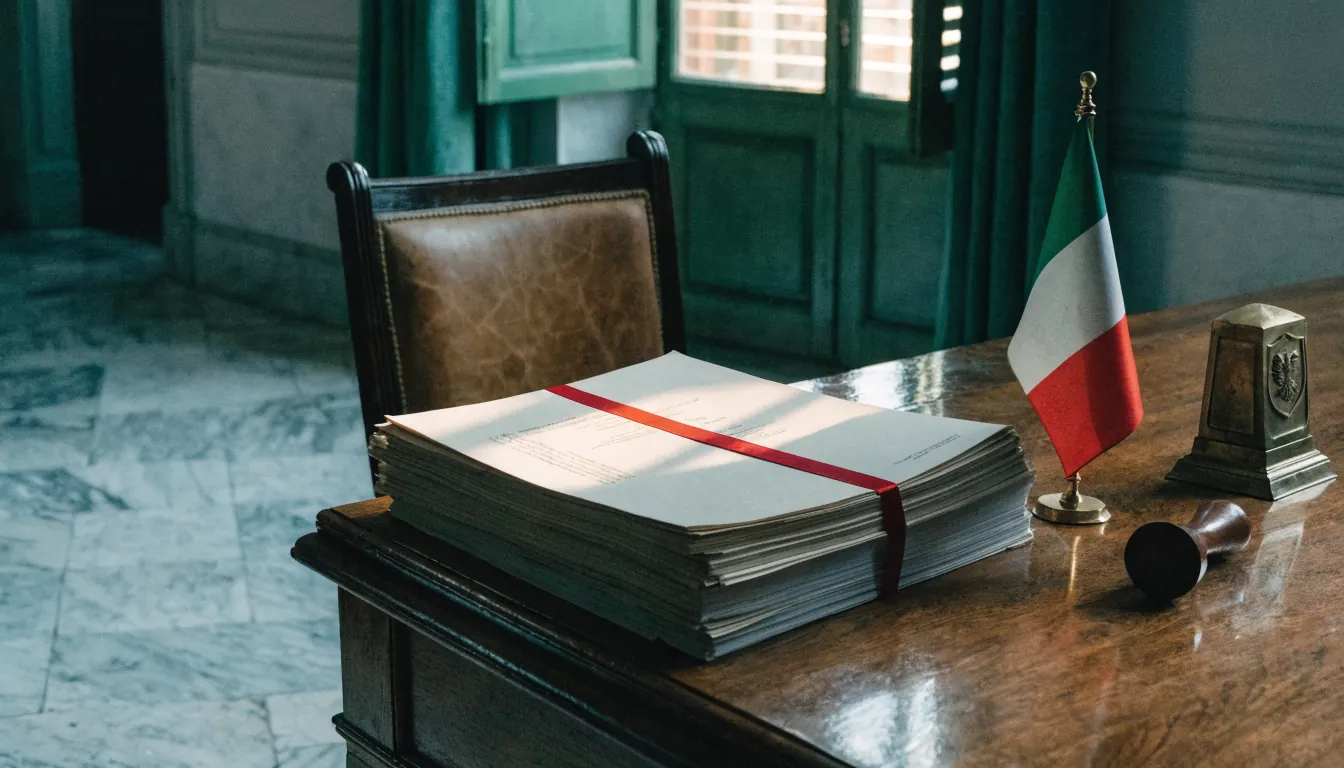Scrivania con documenti ufficiali, bandierina italiana e timbro in un ufficio luminoso.