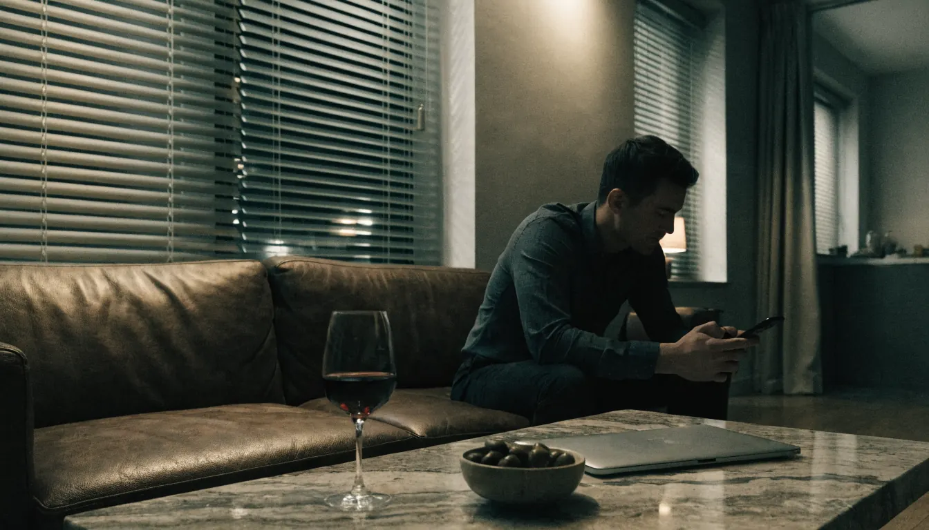 Uomo italiano in soggiorno moderno che usa lo smartphone sul divano, atmosfera serale