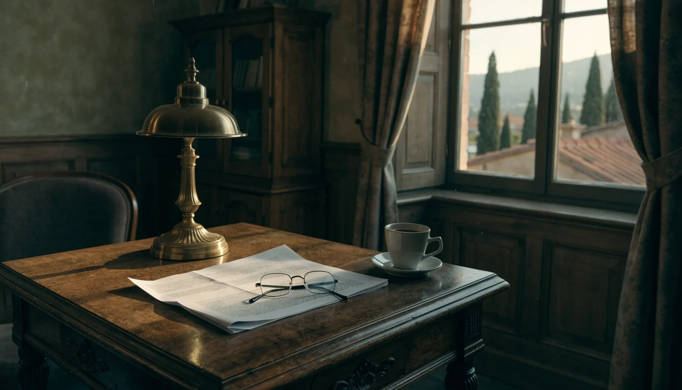 Documento legale con clausole su scrivania di legno, lampada, occhiali e caffè espresso, finestra su tetti italiani.