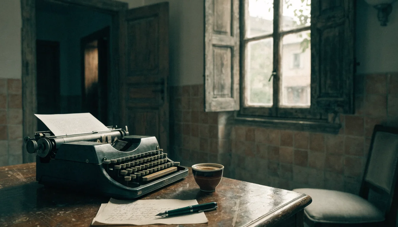 Tastiera d'una macchina da scrivere vintage su una scrivania italiana illuminata dal sole.