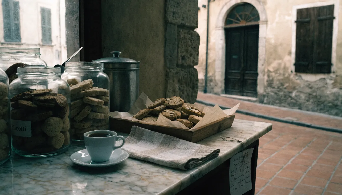 Banco di pasticceria italiana con biscotti tradizionali e tazzina di caffè.