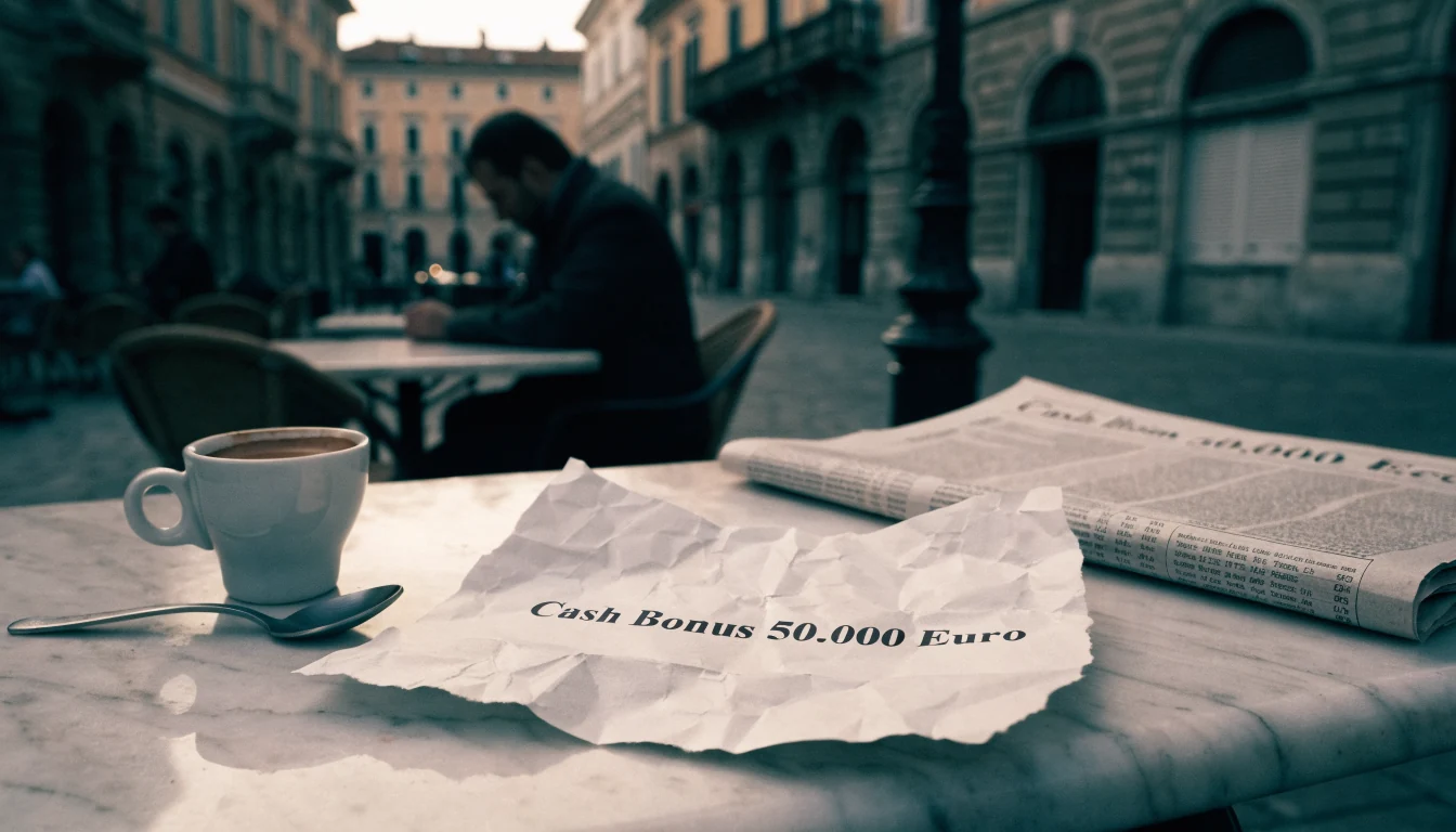 Volantino pubblicitario strappato su tavolo di un caffè italiano