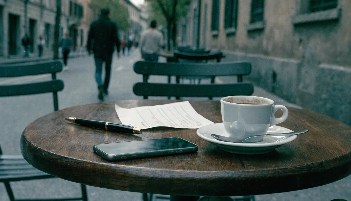 Smartphone poggiato su tavolino di un caffè italiano