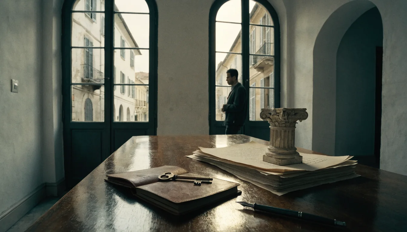 Scrivania in ufficio italiano con taccuino, penna e documenti vicino a una finestra con vista su una strada storica.