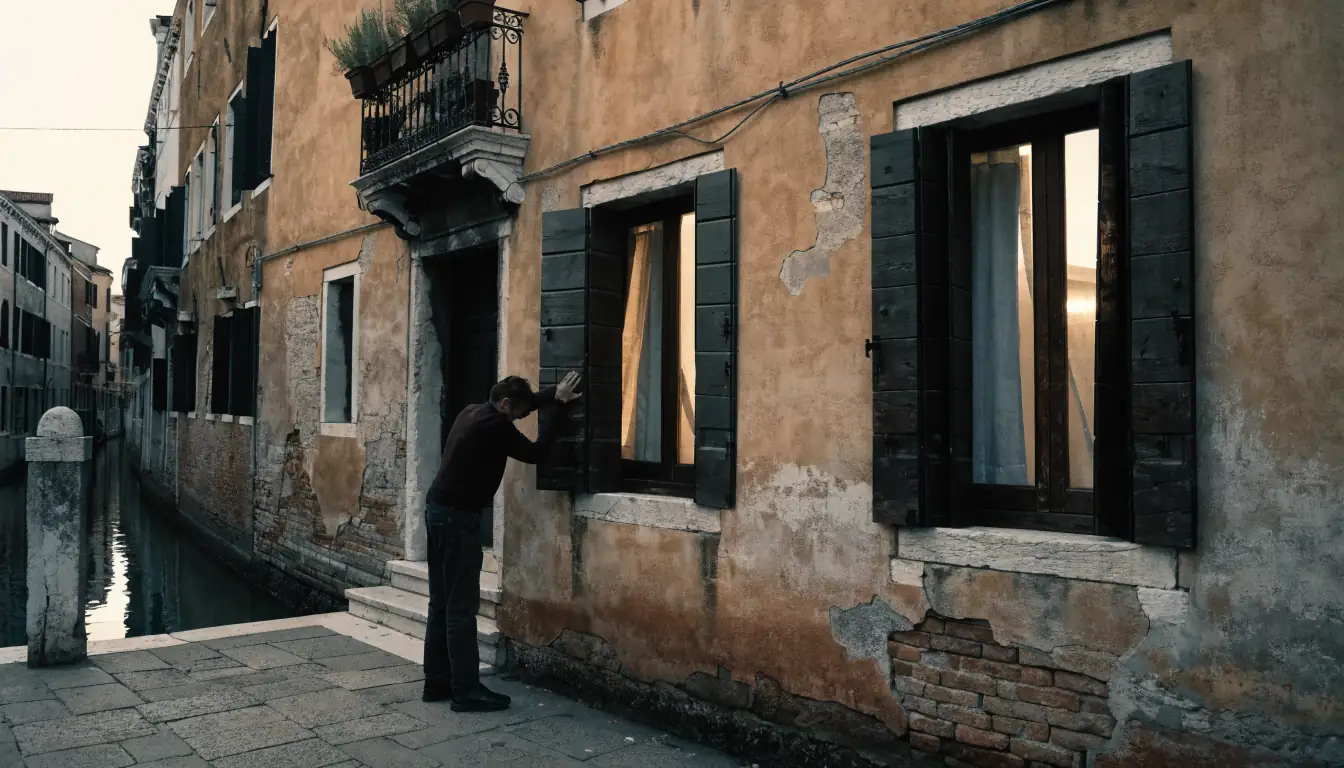 Chiusura di una persiana su un edificio storico veneziano al tramonto.