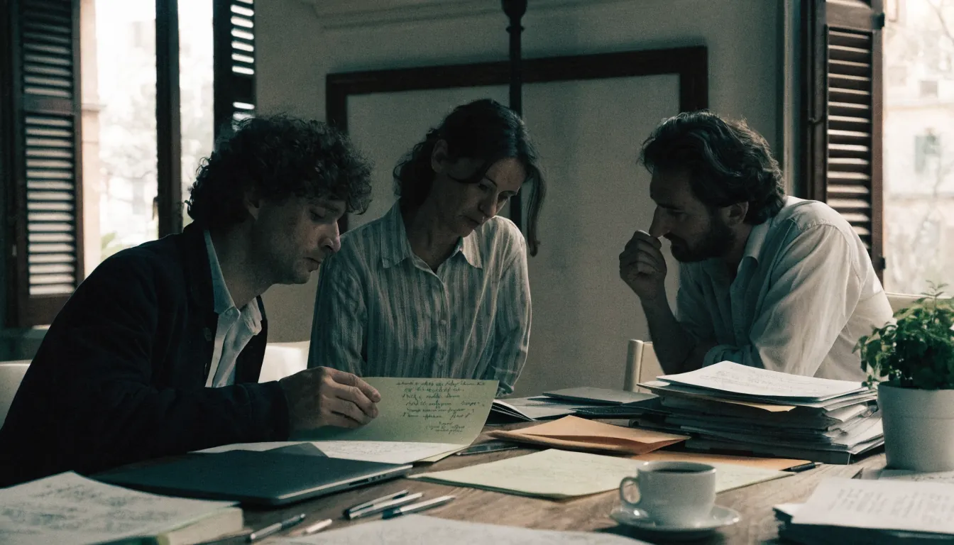 Una redazione indipendente al lavoro su documenti e schede di valutazione in uno studio luminoso italiano.